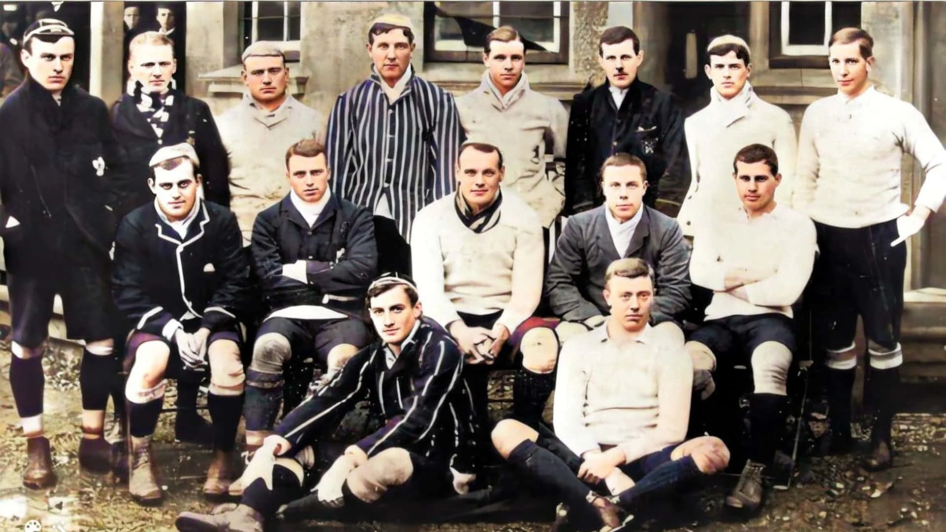The 1903 British Isles rugby touring side in South Africa, with Patrick Hancock seated on the ground at the front left
